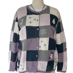 Wms 1X Patchwork Cardigan Sweater Purple Hand Embroidered Winter Holiday Novelty